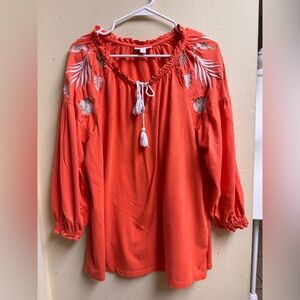 Charter Club XXL Orange Embroidered Peasant Blouse Tassel Tie Boho Sleeve